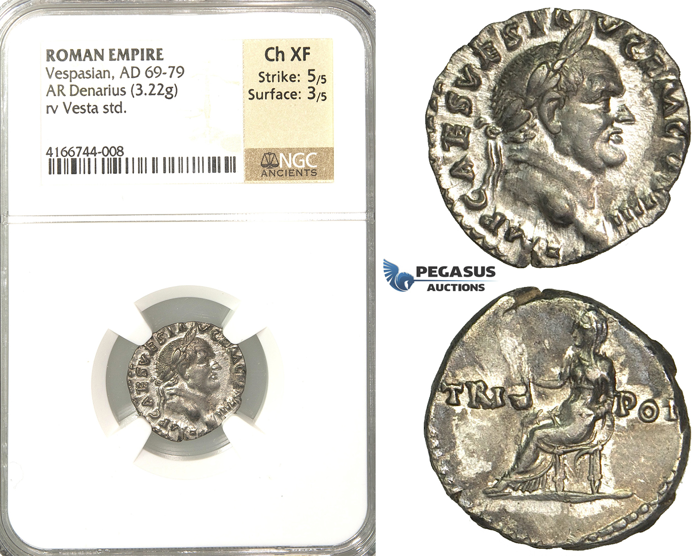 P10, Roman Empire, Vespasian (69-79 AD) AR Denarius (3.22g) Rome, Vesta, NGC Ch XF
