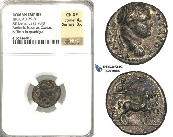 P11, Roman Empire, Titus As Caeser (79-81 AD) AR Denarius (2.78g) Antioch, Struck under Vespasian, 72-73 AD, Judaea Capta, Rare! NGC Ch XF