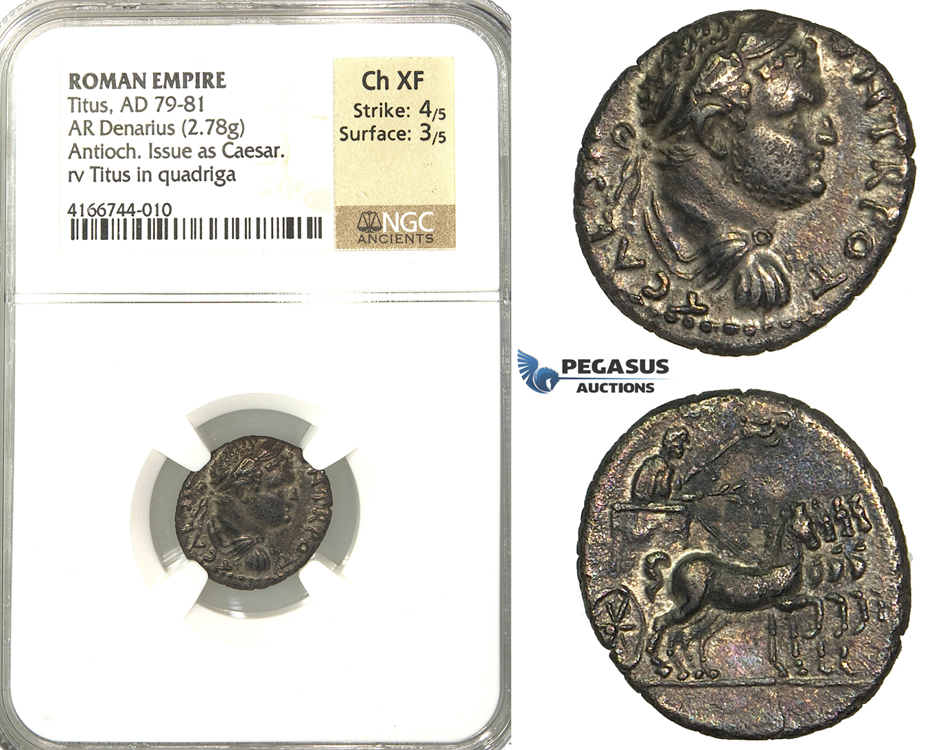 P11, Roman Empire, Titus As Caeser (79-81 AD) AR Denarius (2.78g) Antioch, Struck under Vespasian, 72-73 AD, Judaea Capta, Rare! NGC Ch XF