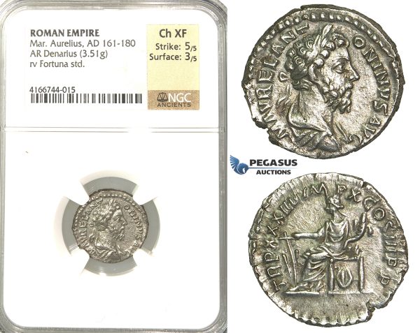 P12, Roman Empire, Marcus Aurelius (161-180 AD) AR Denarius (3.51g) Jan-March 180 AD, Rome, Fortuna, Rare! NGC Ch XF
