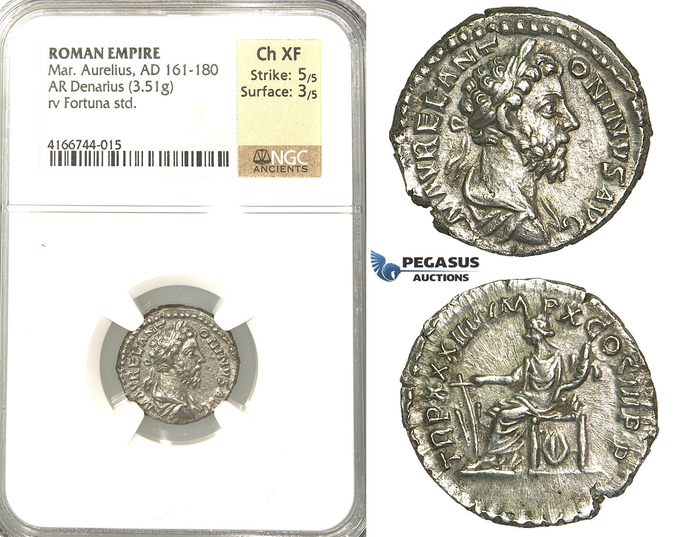 P12, Roman Empire, Marcus Aurelius (161-180 AD) AR Denarius (3.51g) Jan-March 180 AD, Rome, Fortuna, Rare! NGC Ch XF