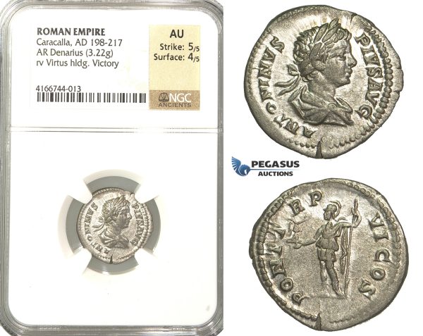P13, Roman Empire, Caracalla (198-217 AD) AR Denarius (3.22g) Rome, 203 AD, Virtius/Victory, NGC AU