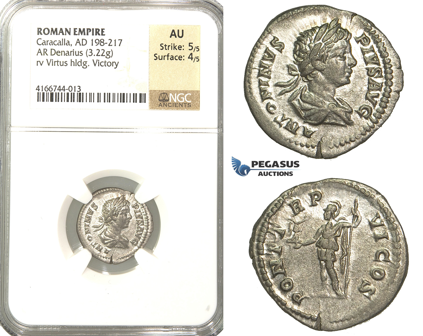 P13, Roman Empire, Caracalla (198-217 AD) AR Denarius (3.22g) Rome, 203 AD, Virtius/Victory, NGC AU