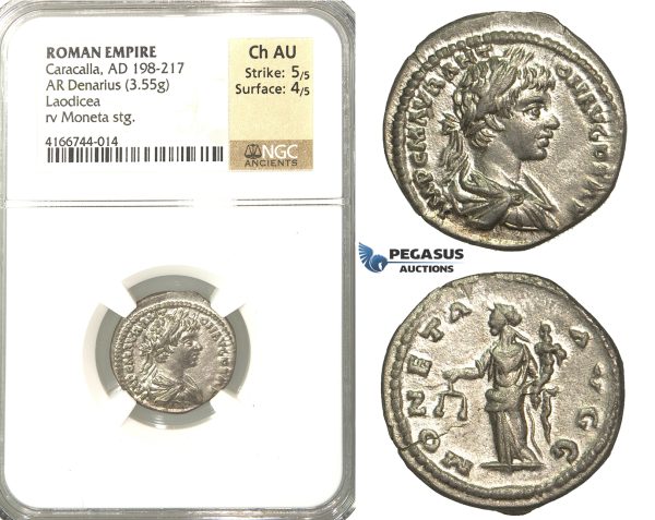 P14, Roman Empire, Caracalla (198-217 AD) AR Denarius (3.55g) Laodicea, Moneta, NGC Ch AU