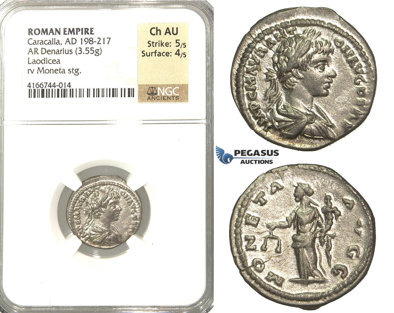 P14, Roman Empire, Caracalla (198-217 AD) AR Denarius (3.55g) Laodicea, Moneta, NGC Ch AU
