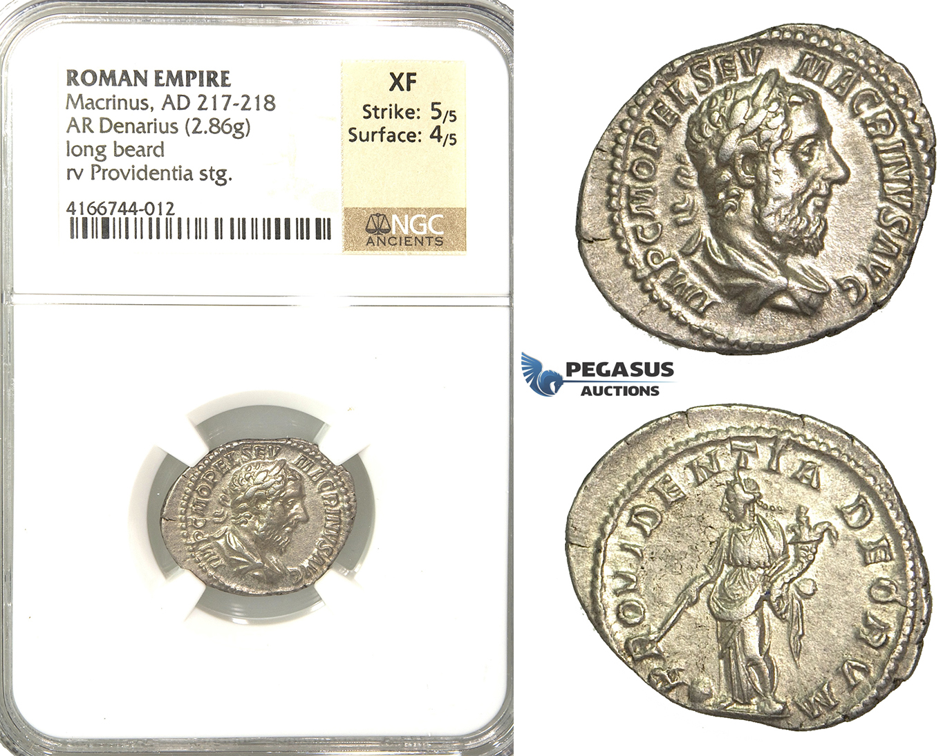 P15, Roman Empire, Macrinus (217-218 AD) AR Denarius (2.86g) Rome, March-June 218 AD, Providentia, NGC XF