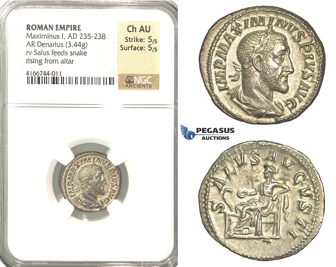 P16, Roman Empire, Maximinus (235-238 AD) AR Denarius (3.44g) Rome, 236 AD, Salus, NGC Ch AU
