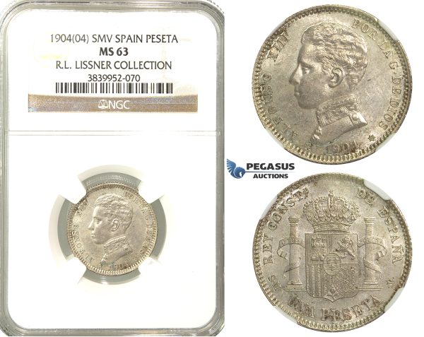 P24, Spain, Alfonso XIII, Peseta 1904 (04) SM-V, Madrid, Silver, NGC MS63