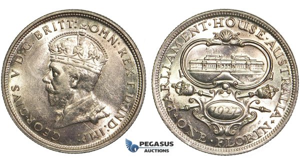 P47, Australia, George V, Parliament Florin 1927, Canberra, Silver, Mint State (Minor Hairlines)