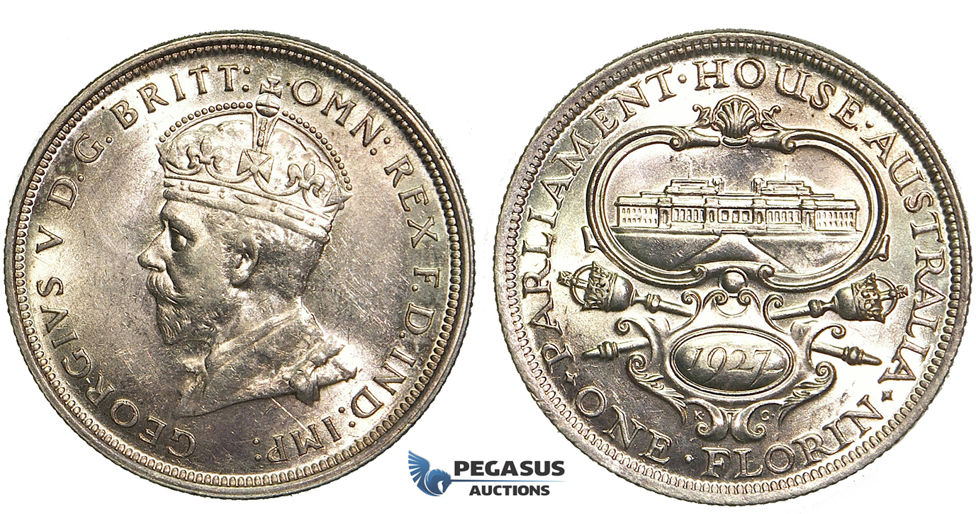 P47, Australia, George V, Parliament Florin 1927, Canberra, Silver, Mint State (Minor Hairlines)