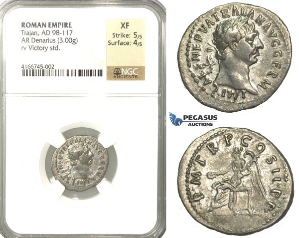 P49, Roman Empire, Trajan (98-117 AD) AR Denarius (3.00g) Rome, 100 AD, Victory, NGC XF