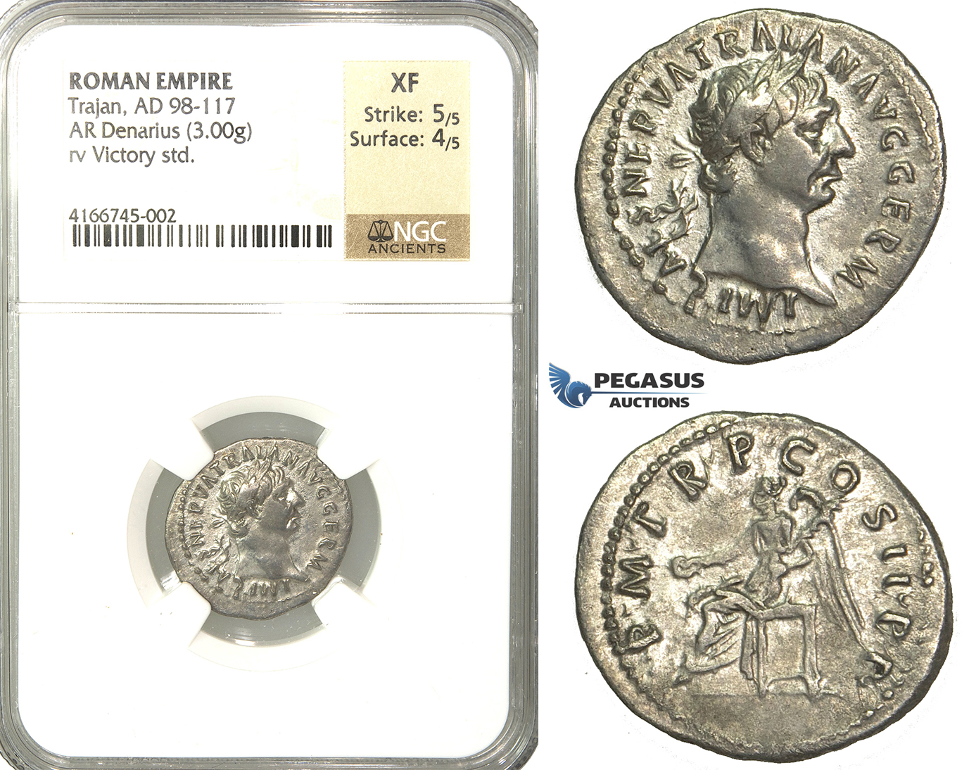 P49, Roman Empire, Trajan (98-117 AD) AR Denarius (3.00g) Rome, 100 AD, Victory, NGC XF