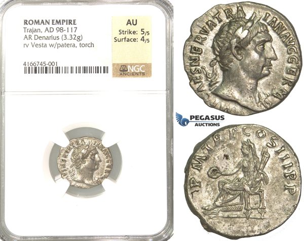 P50, Roman Empire, Trajan (98-117 AD) AR Denarius (3.32g) Rome, 101-102 AD, Vesta, NGC AU