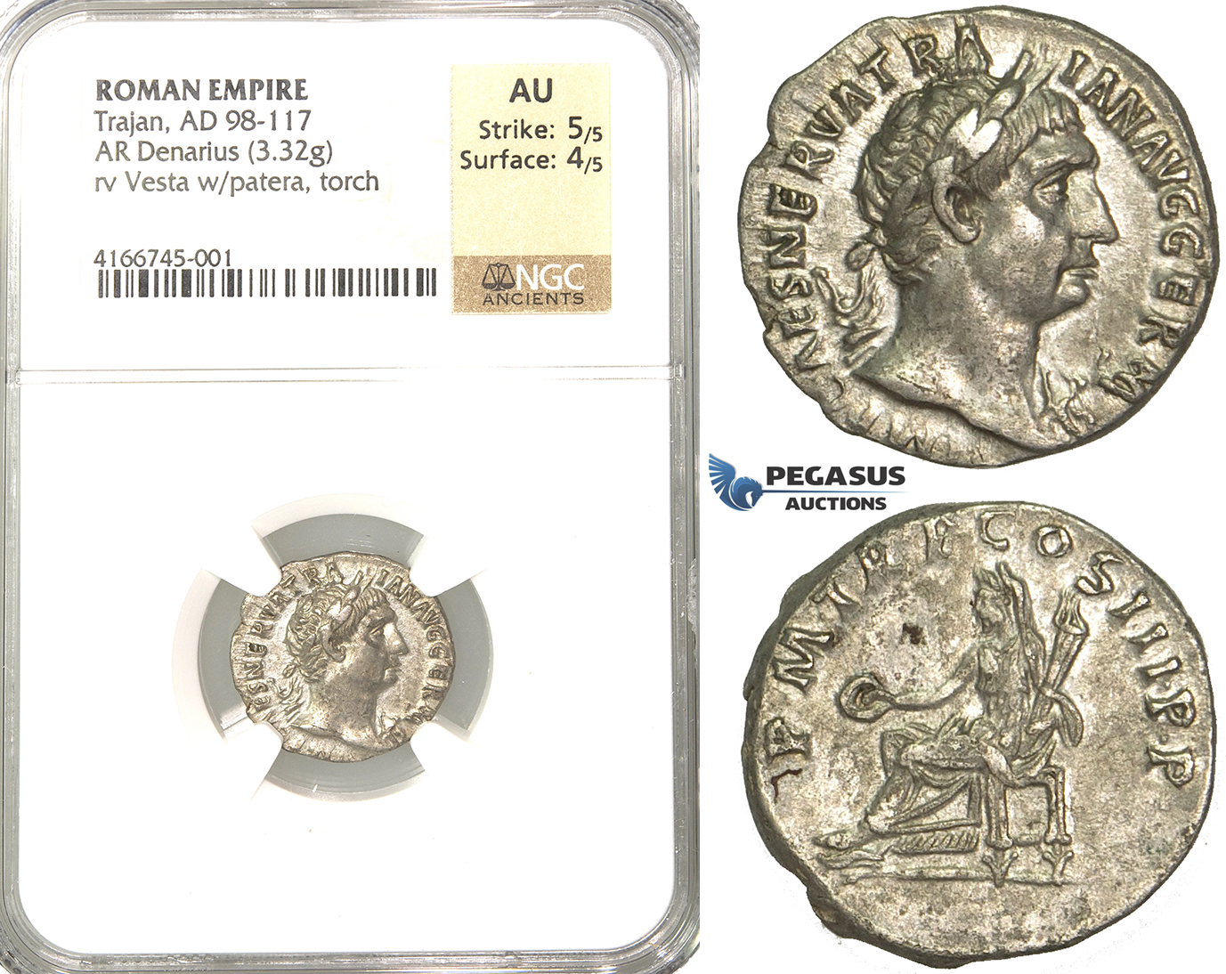 P50, Roman Empire, Trajan (98-117 AD) AR Denarius (3.32g) Rome, 101-102 AD, Vesta, NGC AU