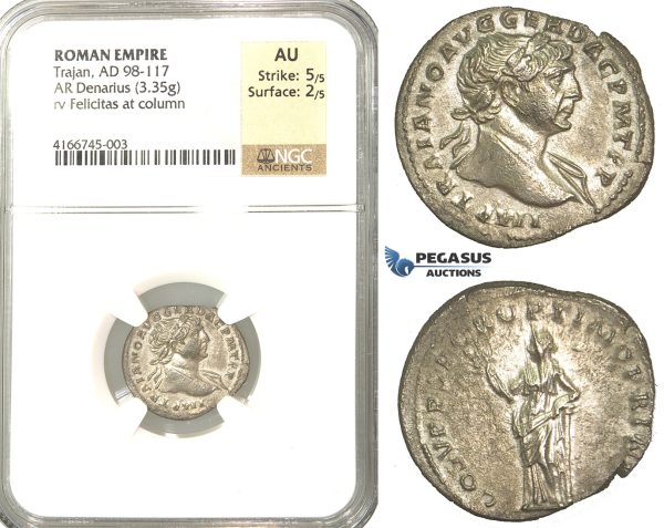 P51, Roman Empire, Trajan (98-117 AD) AR Denarius (3.35g) Rome, 108-110 AD, Felicitas, NGC AU