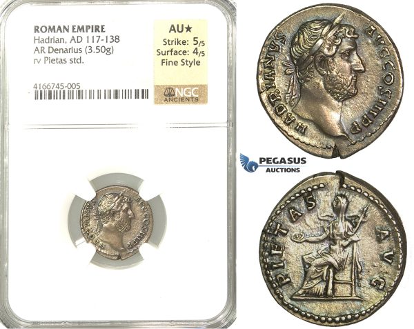 P52, Roman Empire, Hadrian (117-138 AD) AR Denarius (3.50g) Rome, 134-138 AD, Pieatas, NGC AU* Star