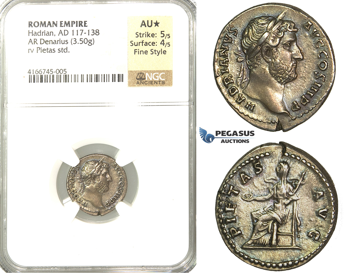 P52, Roman Empire, Hadrian (117-138 AD) AR Denarius (3.50g) Rome, 134-138 AD, Pieatas, NGC AU* Star