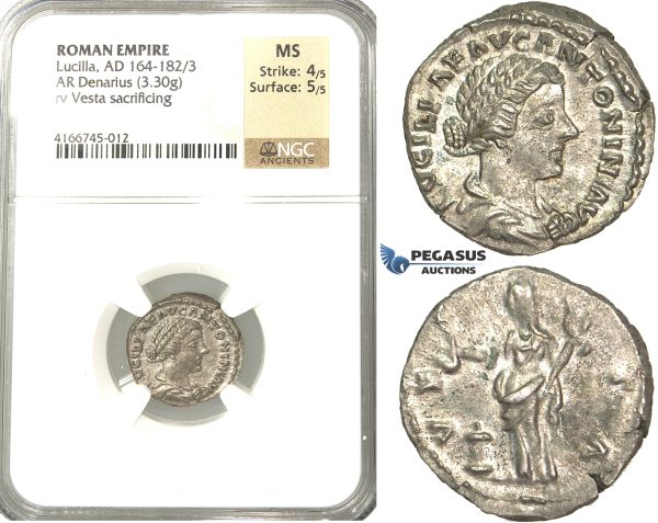 P53, Roman Empire, Lucilla, Augusta (164-182/3) AR Denarius (3.30g) Rome, 161-162 AD, Vesta, NGC MS