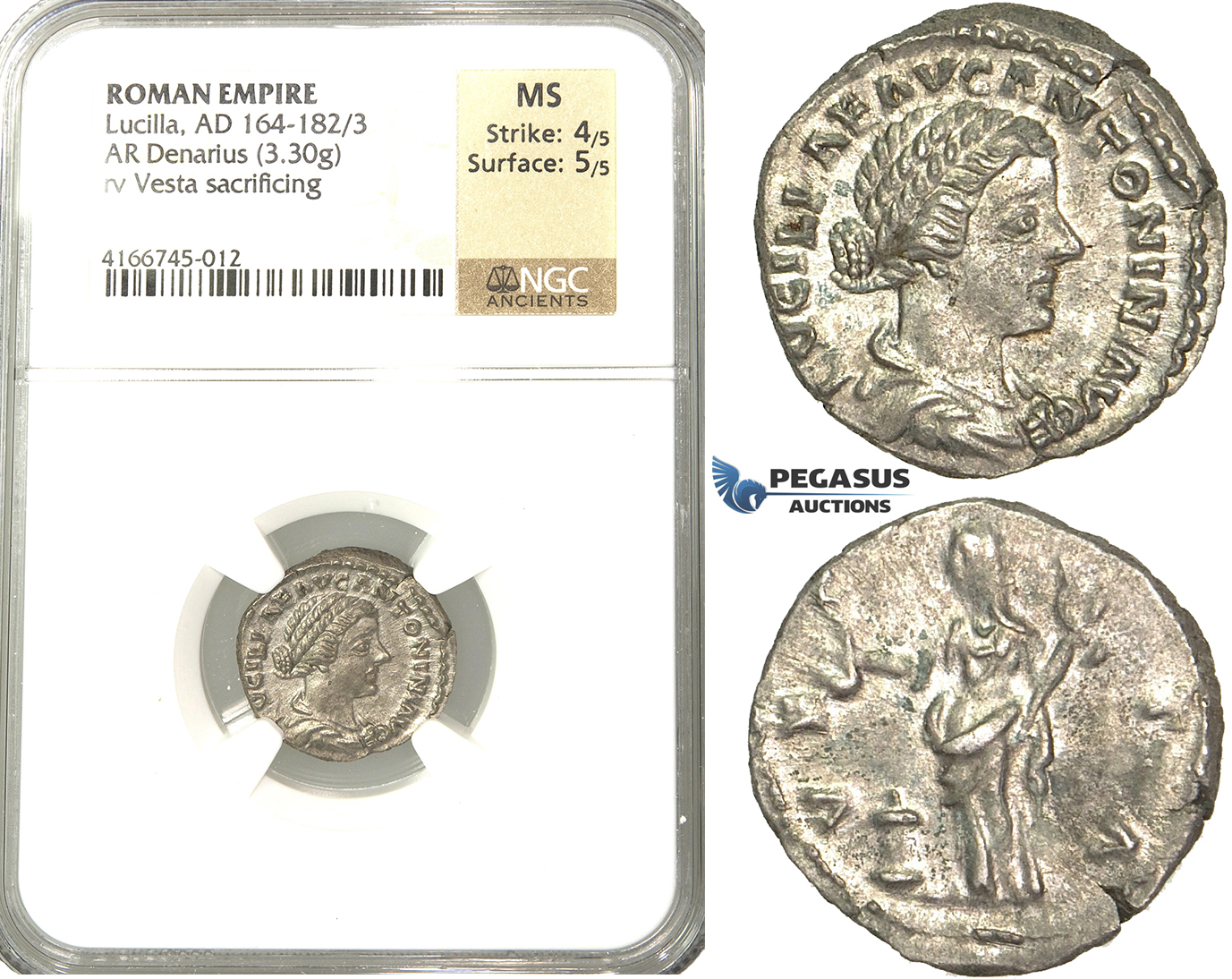 P53, Roman Empire, Lucilla, Augusta (164-182/3) AR Denarius (3.30g) Rome, 161-162 AD, Vesta, NGC MS