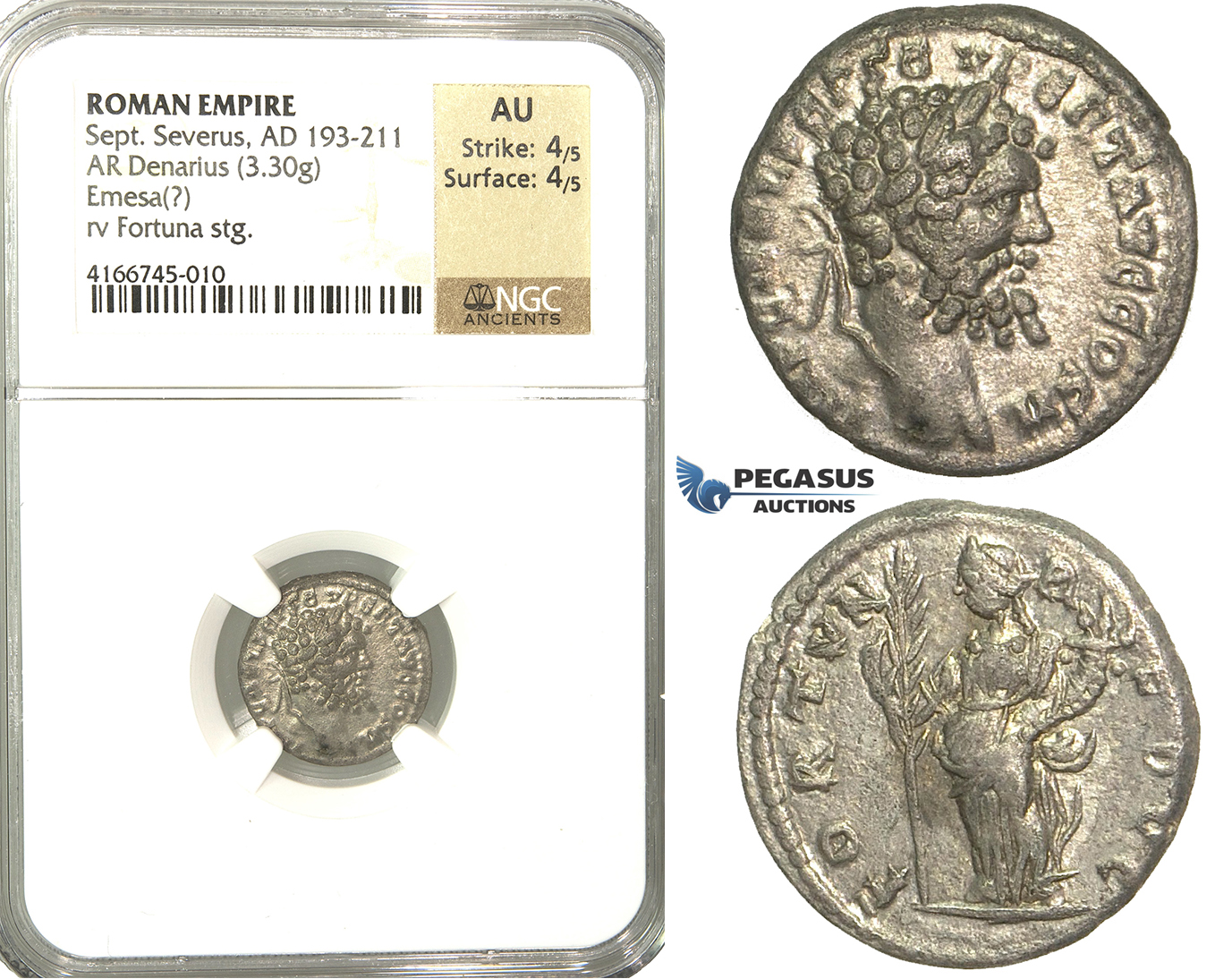 P54, Roman Empire, Septimius Severus (193-211 AD) AR Denarius (3.30g) Emesa, 194-195 AD, Fortuna, NGC AU