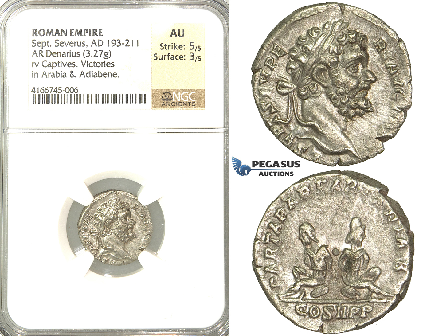 P55, Roman Empire, Septimius Severus (193-211 AD) AR Denarius (3.27g) Rome, 195 AD, Captives, NGC AU