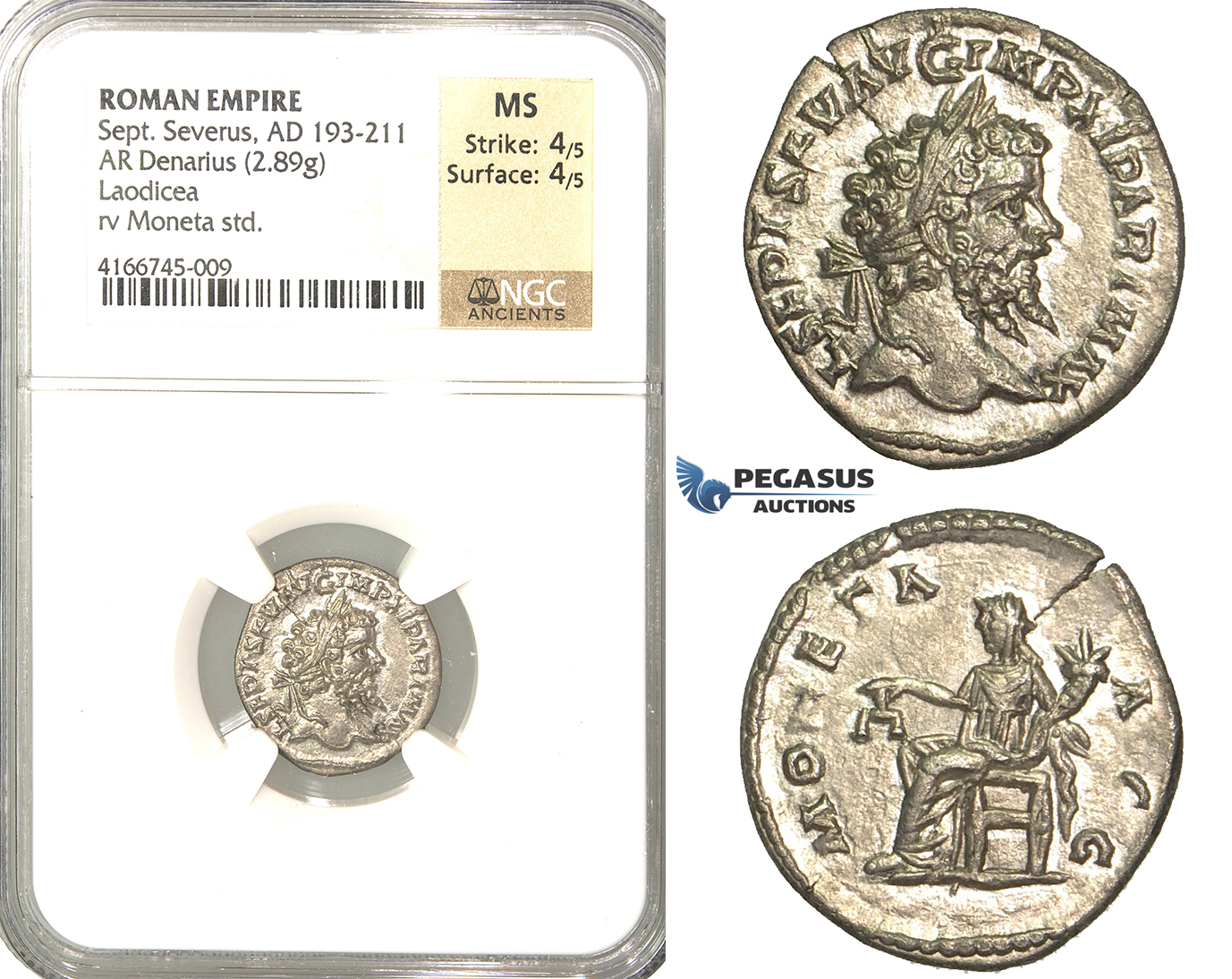 P56, Roman Empire, Septimius Severus (193-211 AD) AR Denarius (2.89g) Rome, 200-201 AD, Moneta, NGC MS