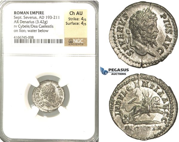 P57, Roman Empire, Septimius Severus (193-211 AD) AR Denarius (3.42g) Rome, 204 AD, Lion, NGC Ch AU