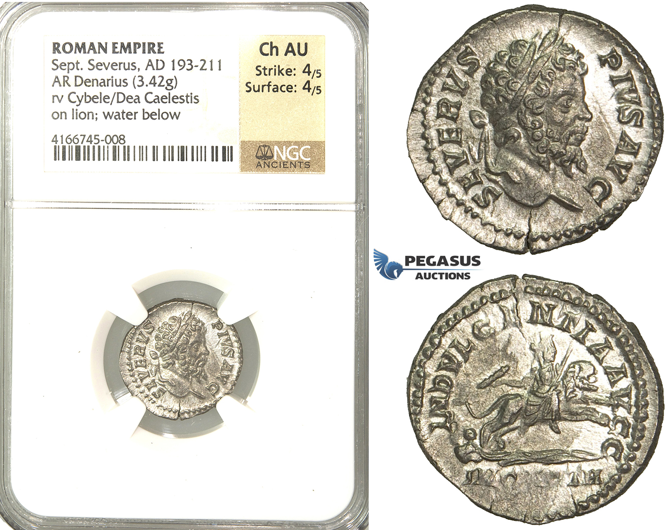 P57, Roman Empire, Septimius Severus (193-211 AD) AR Denarius (3.42g) Rome, 204 AD, Lion, NGC Ch AU