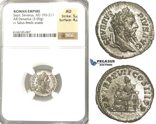P58, Roman Empire, Septimius Severus (193-211 AD) AR Denarius (3.09g) Rome, 209 AD, Salus/Snake, NGC AU