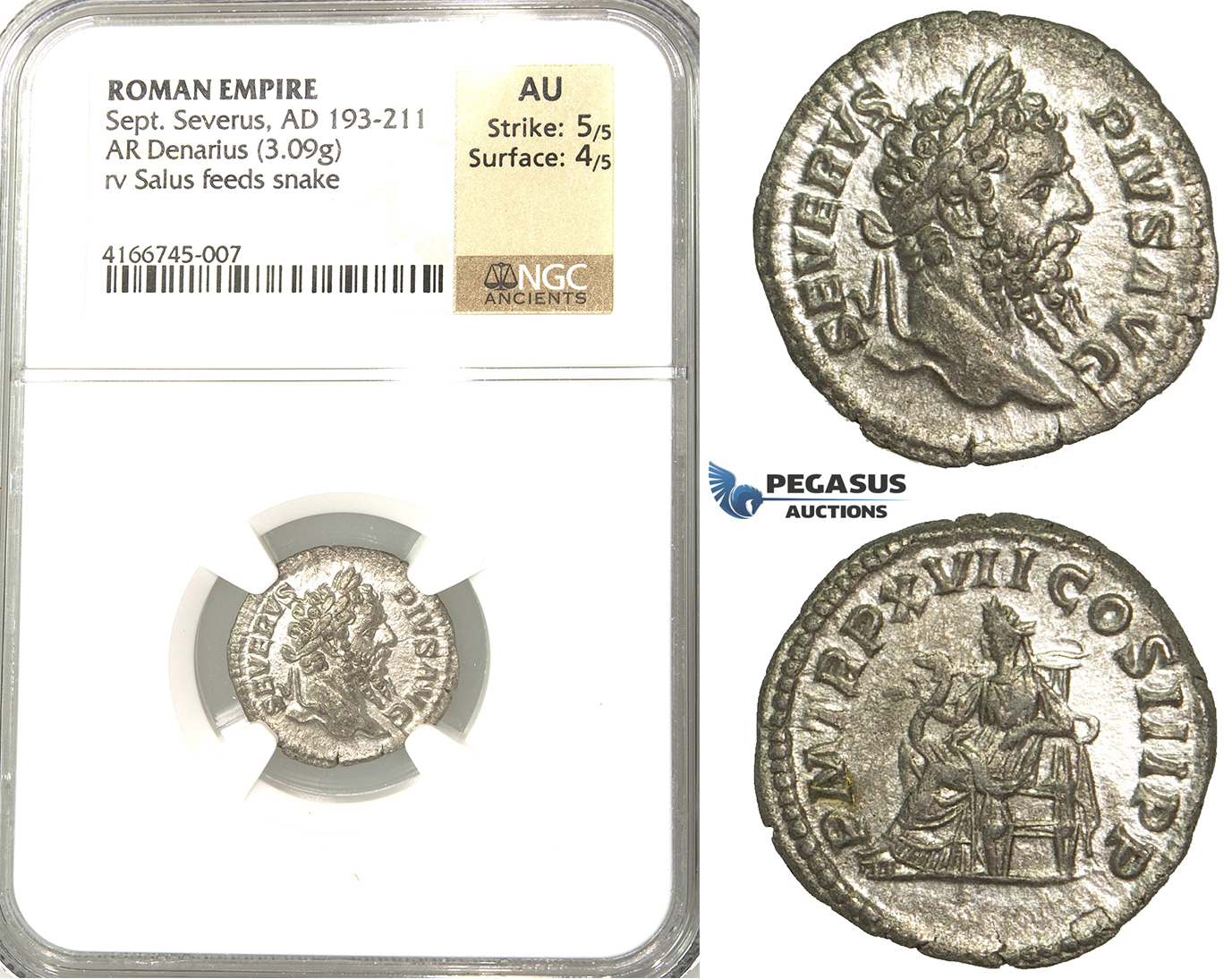 P58, Roman Empire, Septimius Severus (193-211 AD) AR Denarius (3.09g) Rome, 209 AD, Salus/Snake, NGC AU
