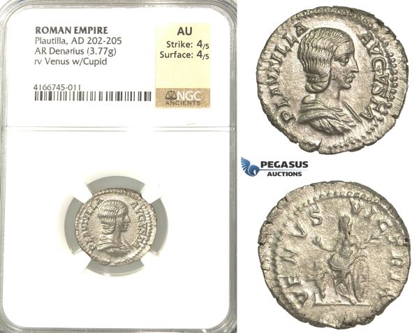P59, Roman Empire, Plautilla, Augusta (+211 AD) AR Denarius (3.77g) Rome, 202-205 AD, Venus, NGC AU