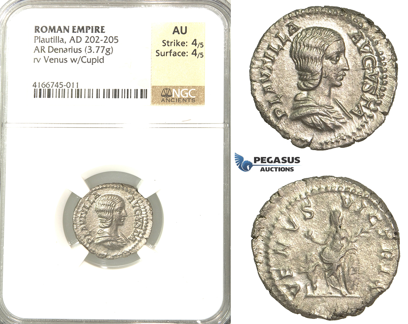 P59, Roman Empire, Plautilla, Augusta (+211 AD) AR Denarius (3.77g) Rome, 202-205 AD, Venus, NGC AU
