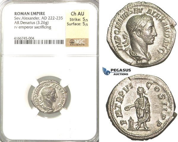 P60, Roman Empire, Severus Alexander (222-235 AD) AR Denarius (3.26g) Rome, 227 AD, NGC Ch AU