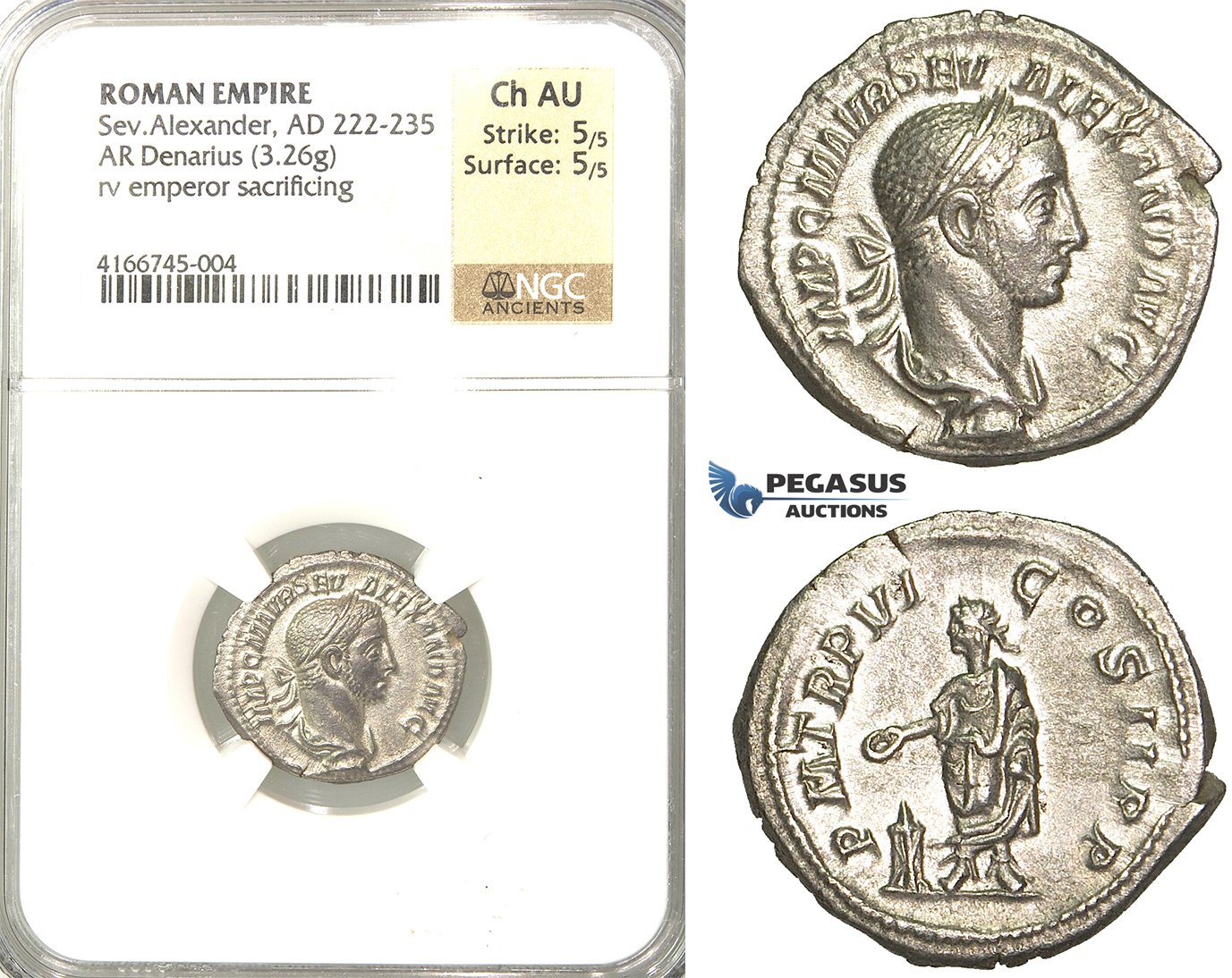 P60, Roman Empire, Severus Alexander (222-235 AD) AR Denarius (3.26g) Rome, 227 AD, NGC Ch AU