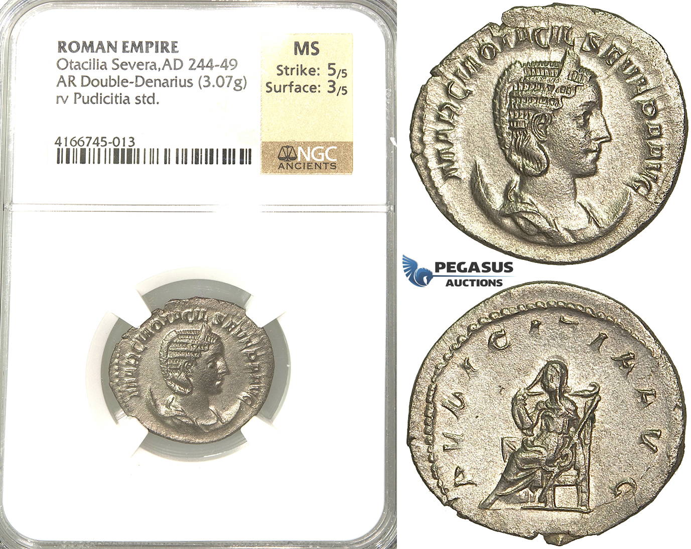P61, Roman Empire, Otacilia Severa, Augusta (244-249 AD) AR Double Denarius (3.07g) Rome, Pudicitia, NGC MS