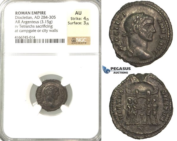 P62, Roman Empire, Diocletian (284-305 AD) AR Argenteus (3.15g) Rome, Campgate, NGC AU