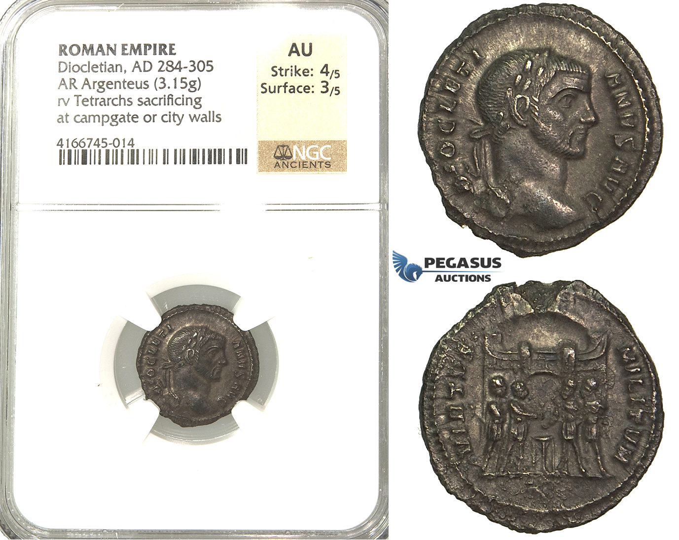 P62, Roman Empire, Diocletian (284-305 AD) AR Argenteus (3.15g) Rome, Campgate, NGC AU