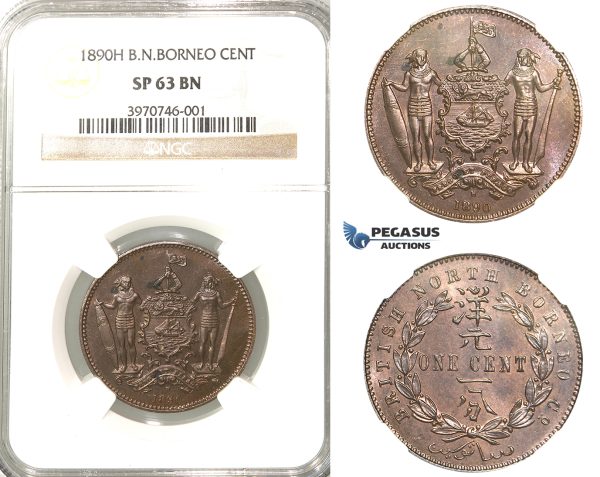 P63, British North Borneo, 1 Cent 1890-H, Heaton, NGC SP63BN