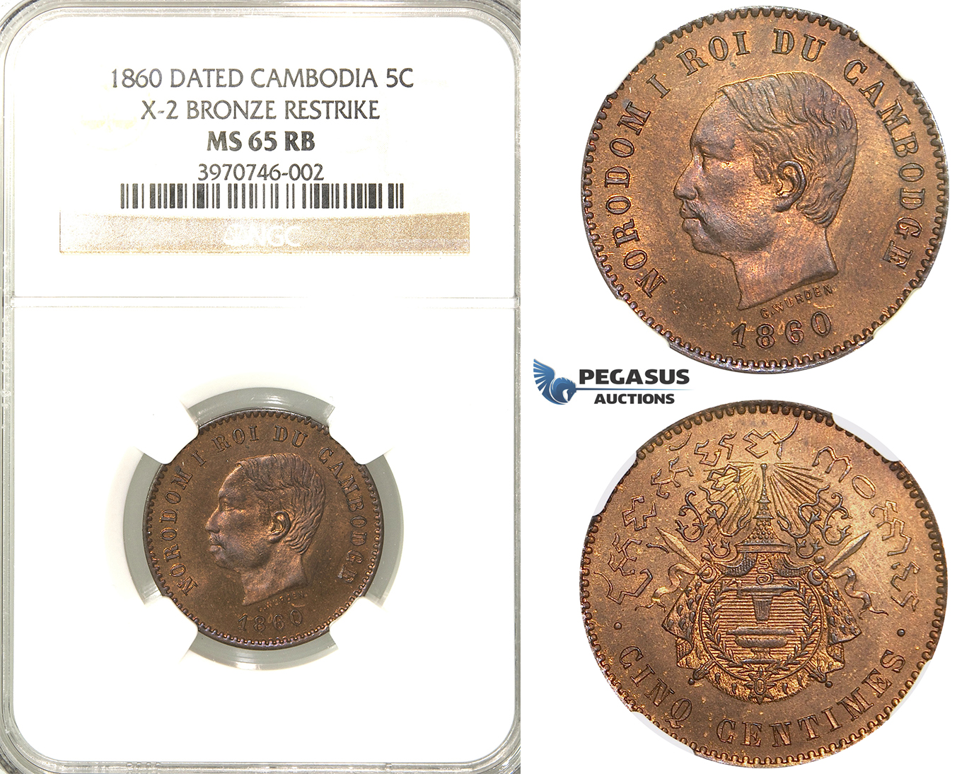 P64, Cambodia, Norodom I, 5 Centimes 1860 (Dated) NGC MS65RB