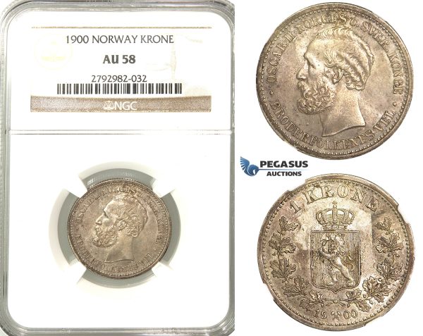 P67, Norway, Oscar II, Krone 1900, Silver, NGC AU58