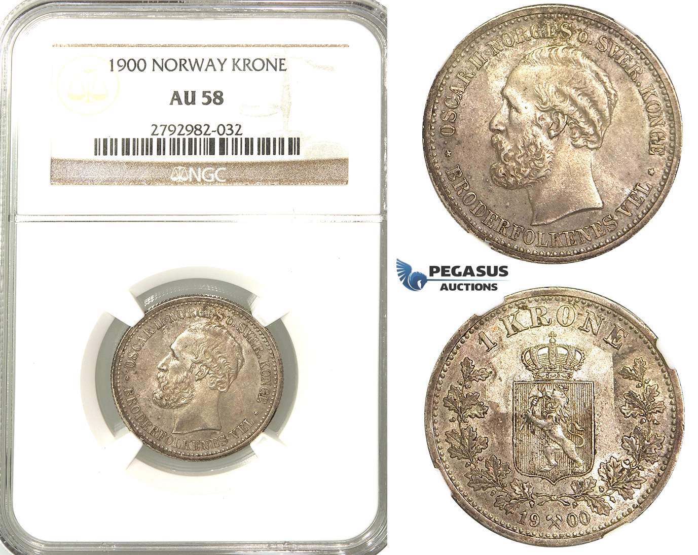 P67, Norway, Oscar II, Krone 1900, Silver, NGC AU58
