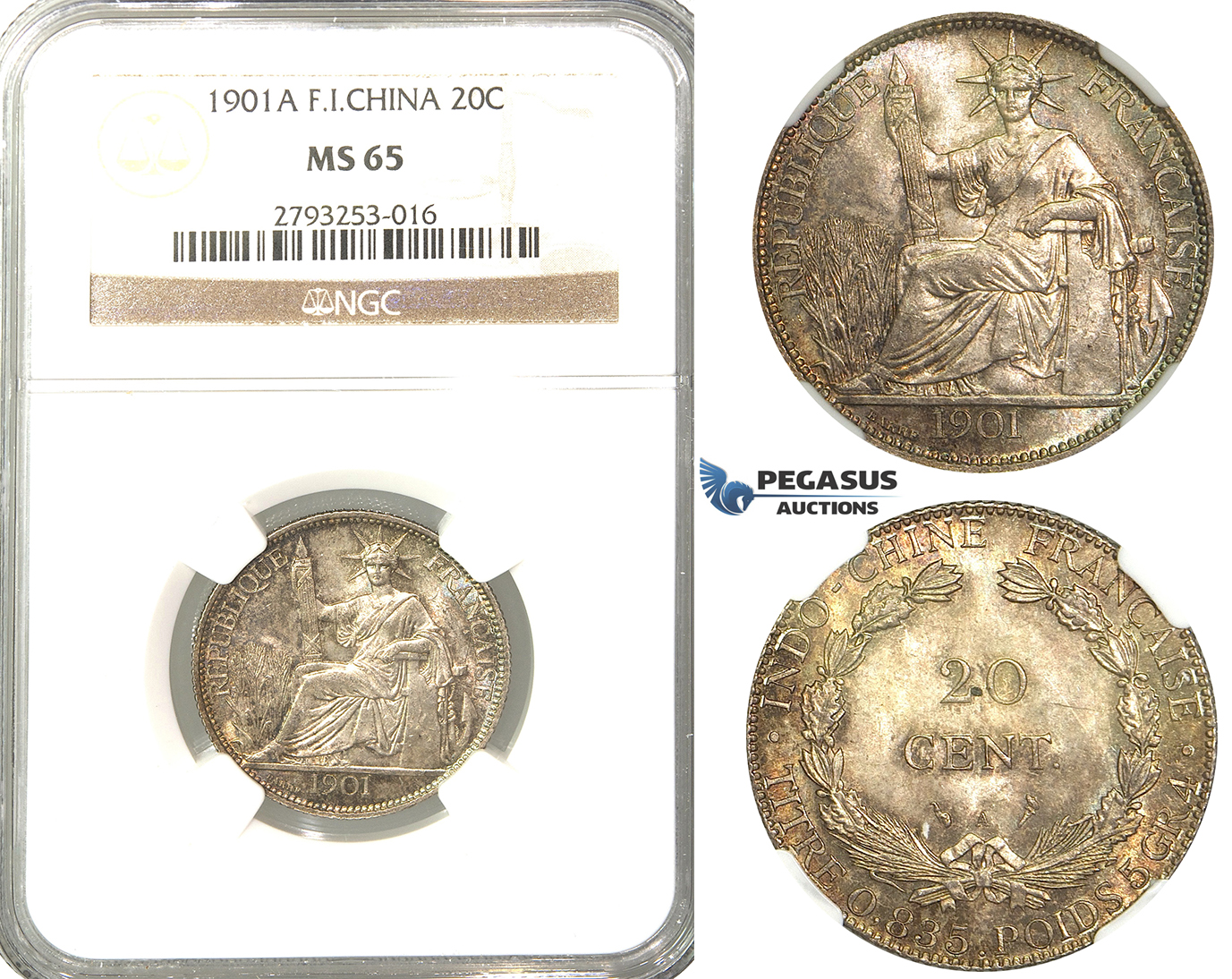P75, French Indo-China (Vietnam) 20 Centimes 1901-A, Paris, Silver, NGC MS65