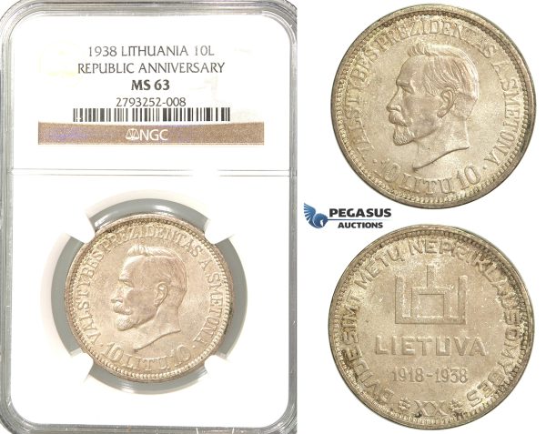 P76, Lithuania, Republic Anniversary, 10 Litu 1938, Silver, NGC MS63