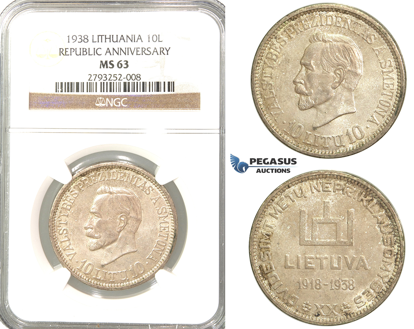 P76, Lithuania, Republic Anniversary, 10 Litu 1938, Silver, NGC MS63