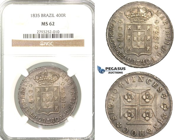 P79, Portugal, Maria II, 400 Reis 1835, Lisbon, Silver, NGC MS62 (Slab error)