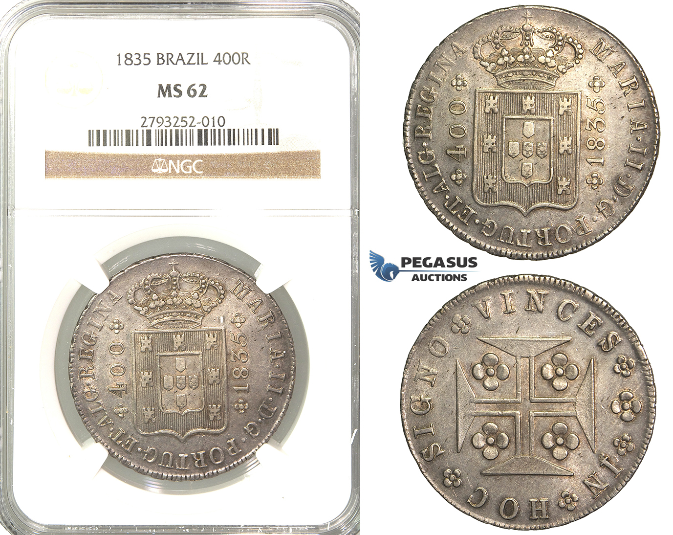 P79, Portugal, Maria II, 400 Reis 1835, Lisbon, Silver, NGC MS62 (Slab error)