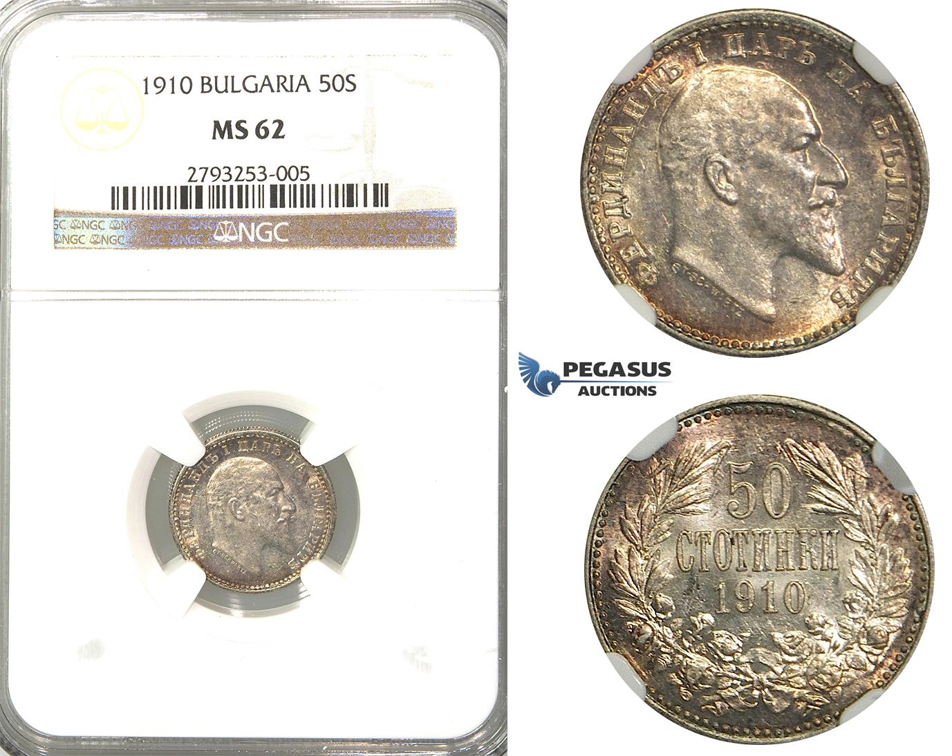R04, Bulgaria, Ferdinand, 50 Stotinki 1910, Silver, NGC MS62