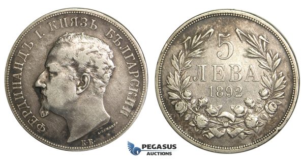R06, Bulgaria, Ferdinand I, 5 Leva 1892-KB, Kremnica, Silver, Nice and Uncleaned!