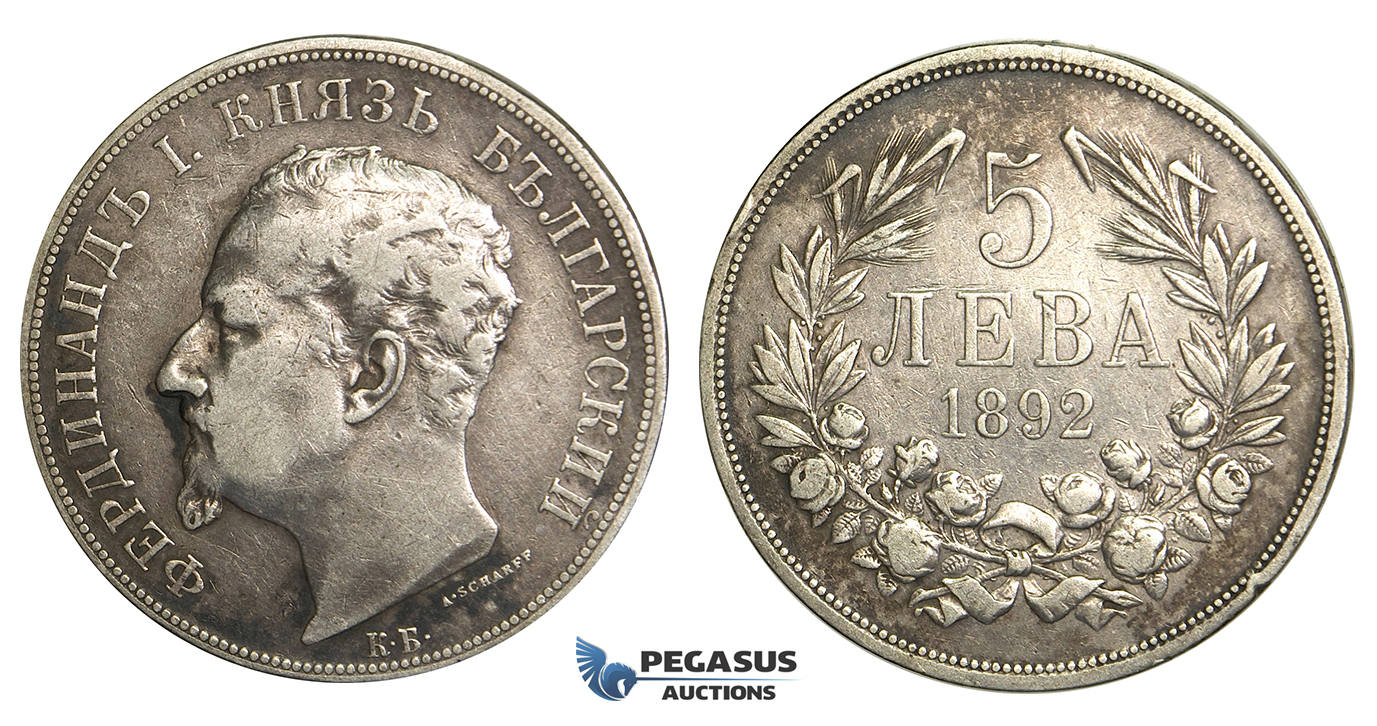 R06, Bulgaria, Ferdinand I, 5 Leva 1892-KB, Kremnica, Silver, Nice and Uncleaned!