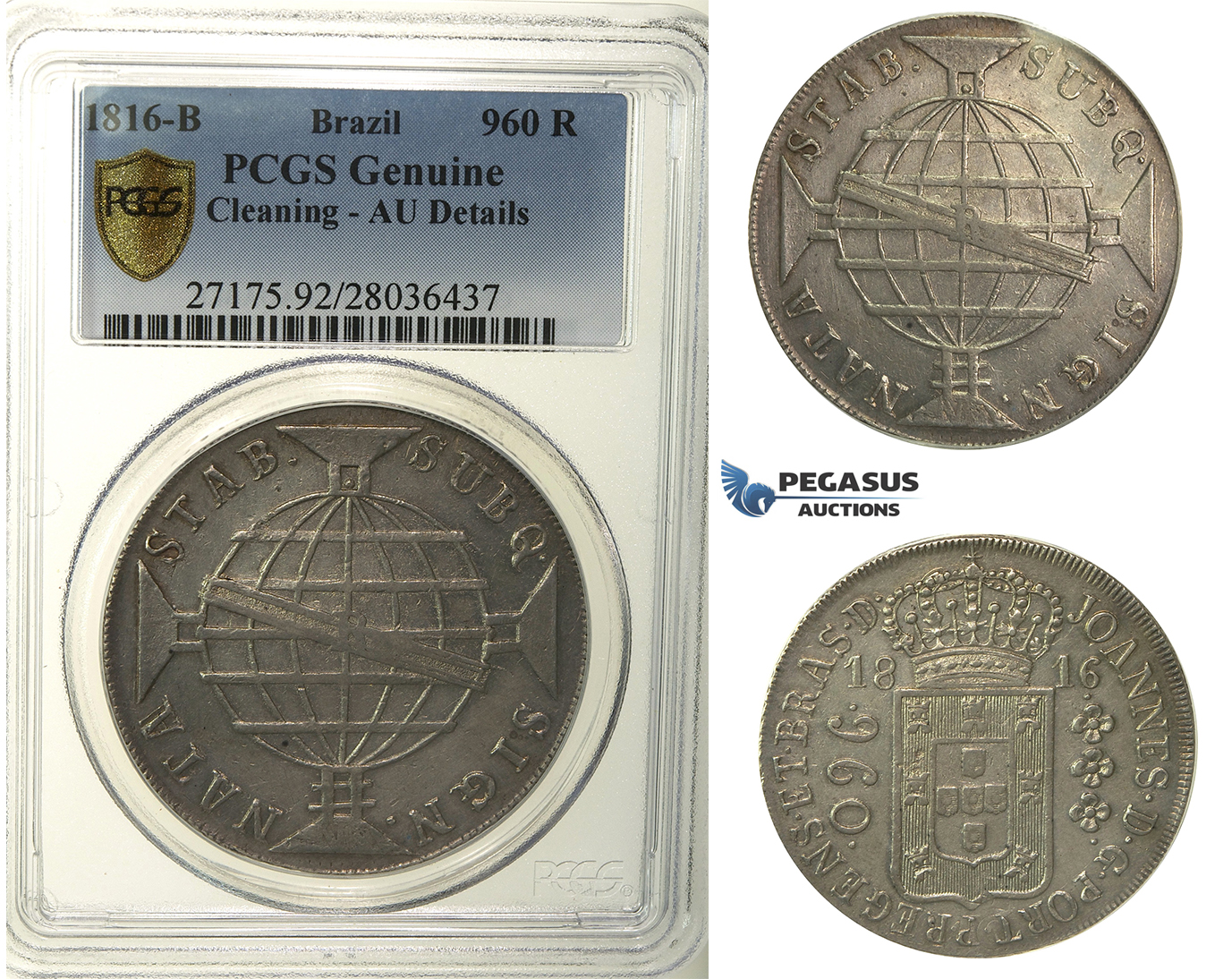 R107, Brazil, Joao Prince Regent, 960 Reis 1816-R, Rio de Janeiro, PCGS AU Det. (Error on Slab)